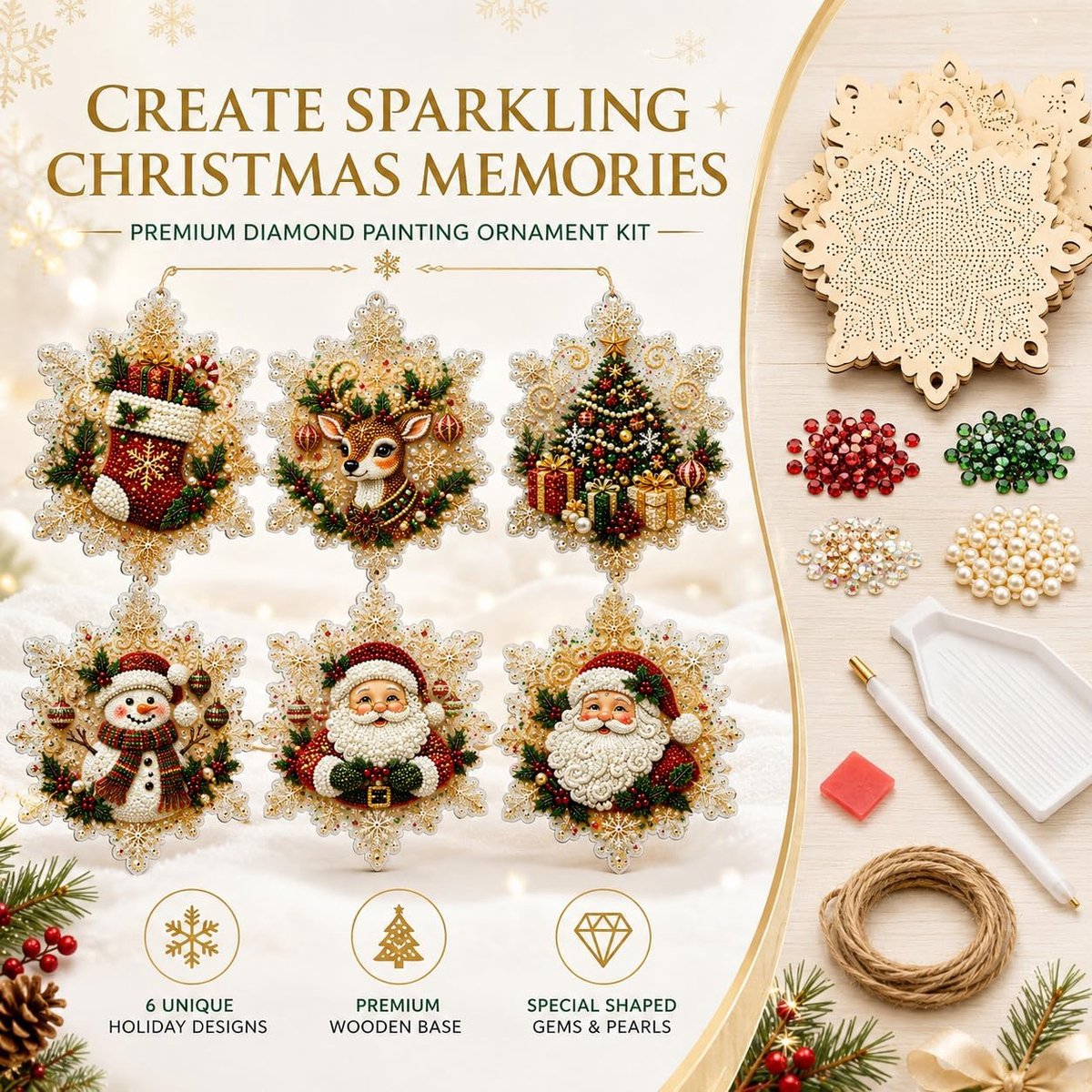 Kerst Diamond Painting Set – Parel Diamond Painting Kersthangers – DIY Knutselset met Houten Kerstornamenten – Kerstboomversiering & Kerstdecoratie voor Volwassenen en Kinderen – foto 2