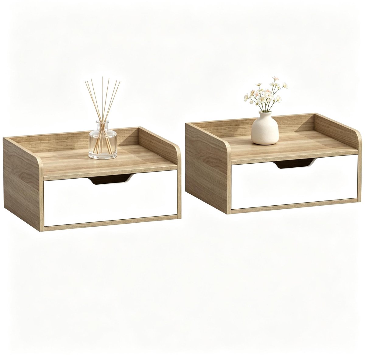 Ropilly Zwevend nachtkastje set van 2 - Wandnachtkastje met lade en opstaande rand - Spaanplaat - Slaapkamer - Natuurhout en wit - 40x30x19,5 cm Natuurlijk