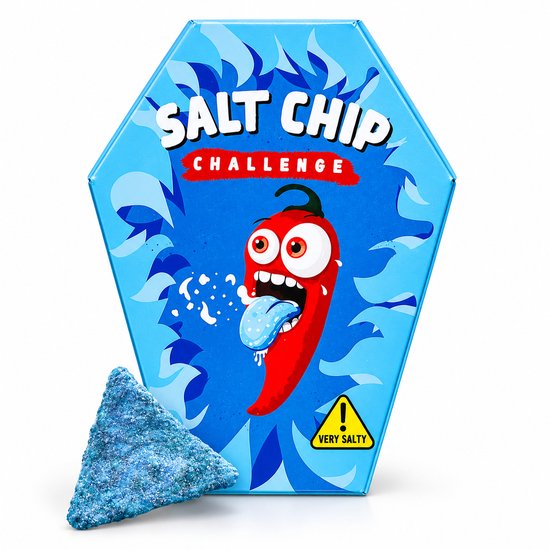 Zeshoekige "SALT CHIP CHALLENGE" doos met chilipeper-icoon, naast een zoute blauwe driehoekige chip.