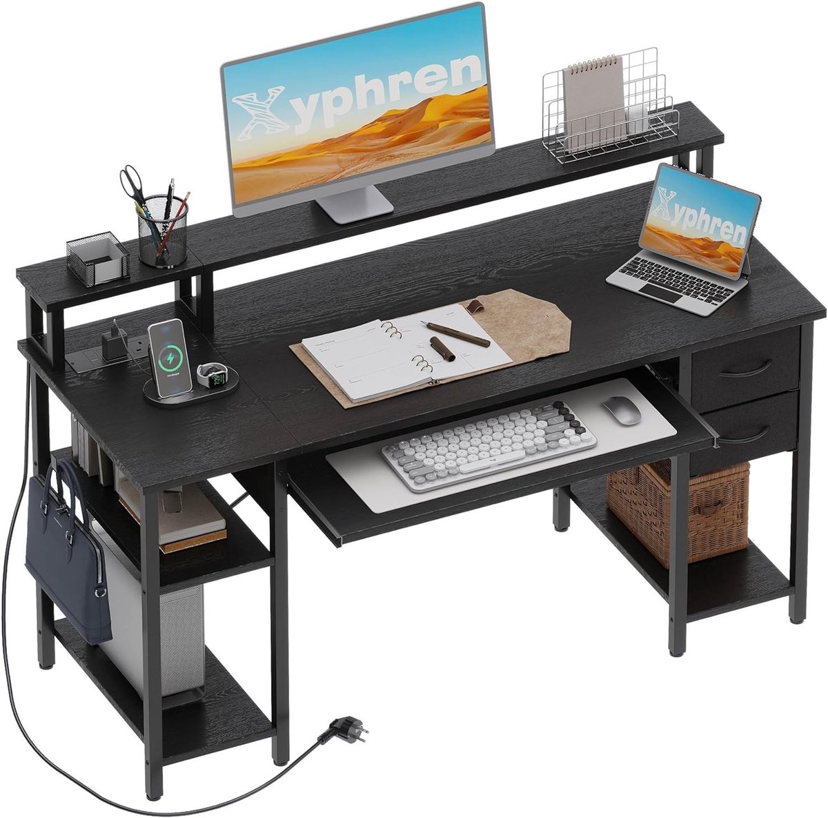 Bureau met 2 Laden - Zwart - 140 x 50 cm - Gamingtafel met Toetsenbordplank en Stopcontact - Voor Thuiswerk en Gaming