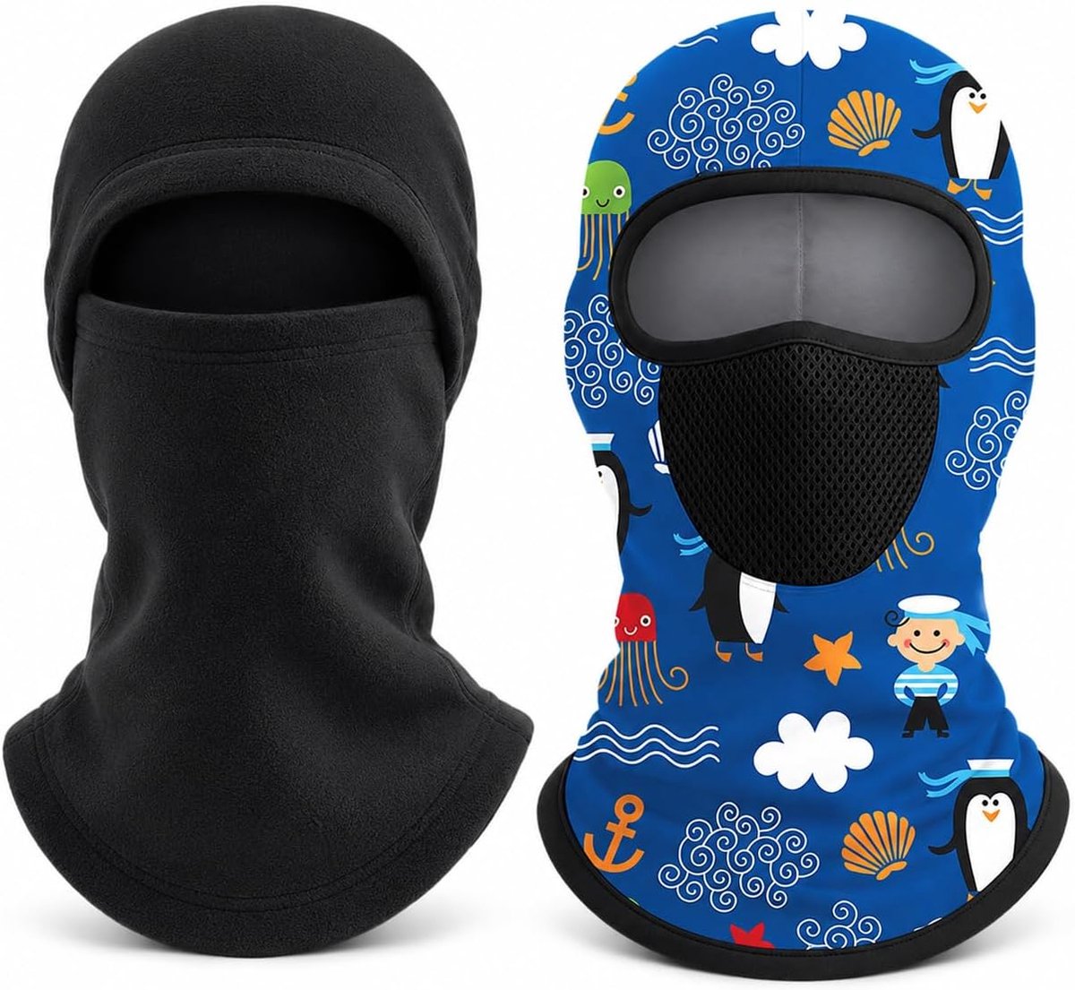 2 stuks bivakmuts voor kinderen, winter, cool balaclava, winddicht gezichtsmasker, coole fietsmuts onder helm, dunne balaclava, uv-stormmasker voor jongens en meisjes (zwart en blauw)