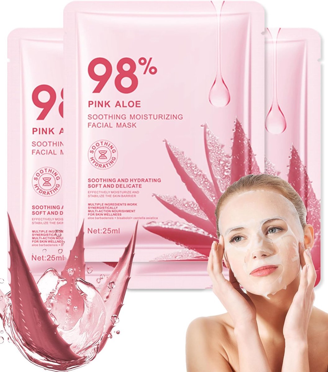 Maskers, set van 3 stuks, roze aloë verzachtende gezichtsmaskers, hydraterende bladmaskers, hydraterend, oplichtende maskers, gezicht, huidverzorging, alle huidtype, huidverzorging, cadeauset
