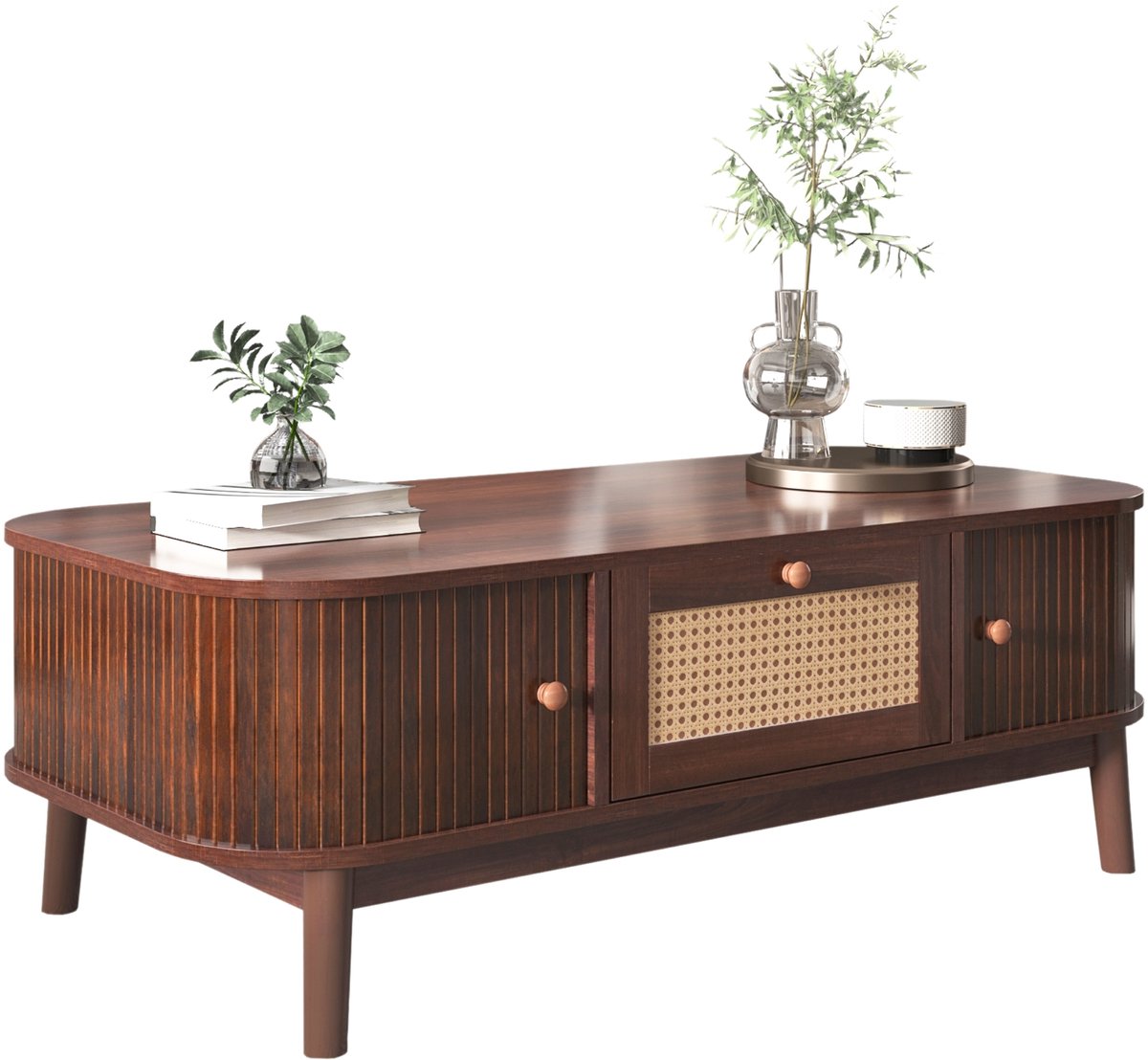 Ropilly Salontafel met Schuifdeuren - Rotan en Hout - Landelijke Stijl - Woonkamer - Natuurlijk Walnoot