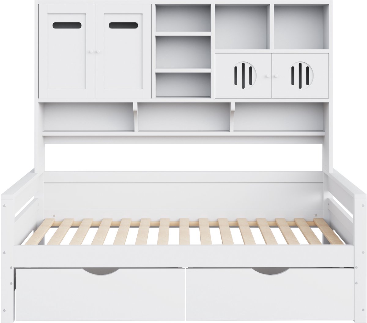 Houten bedbank - Bed met lattenbodem - Opbergruimte - Twee lades - Max 150 kg - Slaapkamer - 90x200 cm - Wit-zonder matras