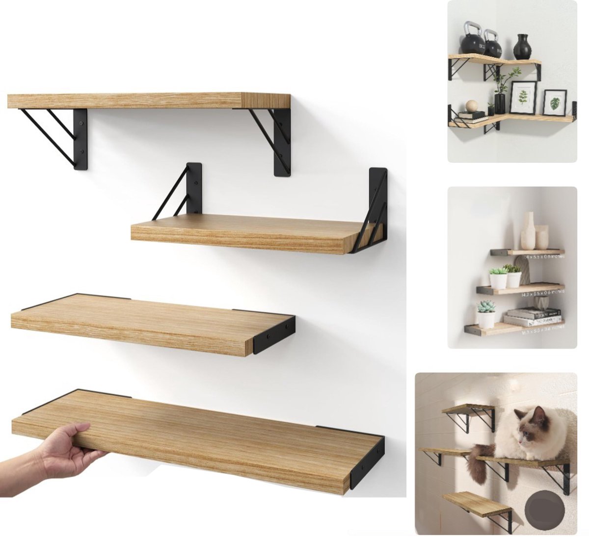 Flintry 4 stuks zwevende wandplank - houten Boekenplank - rustieke muur planken voor het tentoonstellen van boeken, foto's en kleine snuisterijen - Wandrek voor woonkamer, kantoor, keuken en slaapkamer