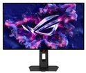ASUS ROG Strix OLED gaming monitor met een logo op een paarse en roze achtergrond.