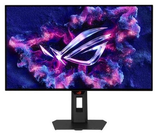 ASUS ROG Strix OLED gaming monitor met een logo op een paarse en roze achtergrond.