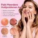 Een vrouw met een heldere huid glimlacht. In de cirkels worden huidproblemen zoals acne, roodheid, ongelijke textuur en droogte getoond.