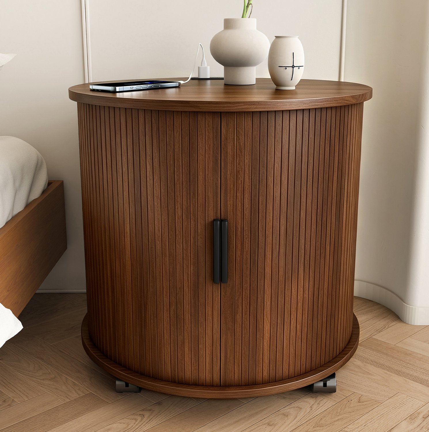 MODENUIT Nachtkastje - Laadstation Met Stopcontact En 2 USB - Schuifdeur Voor Slaapkamer - MDF - 60x60x60 Cm - Walnoot