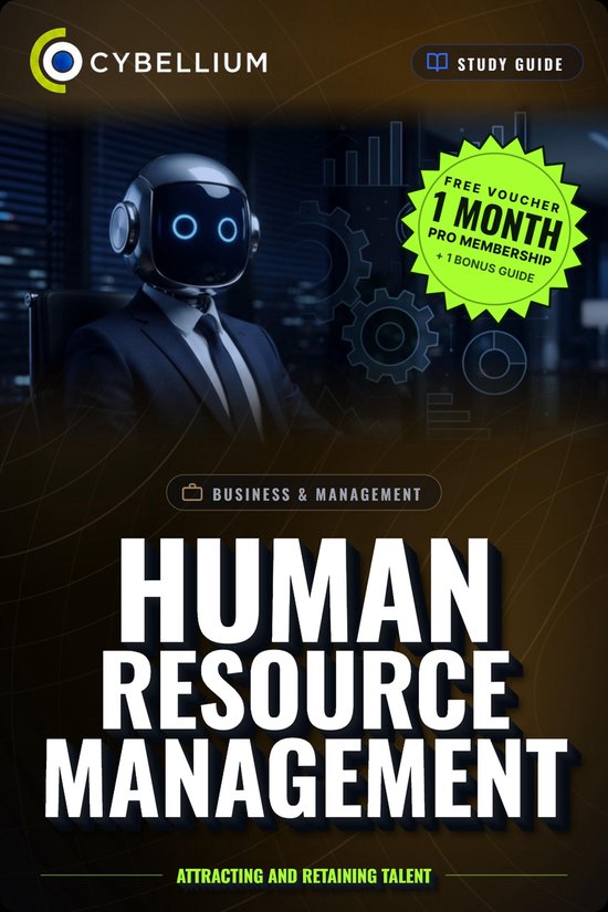 Studiegids Human Resource Management met robot in pak, inclusief gratis voucher voor 1 maand Pro-lidmaatschap.