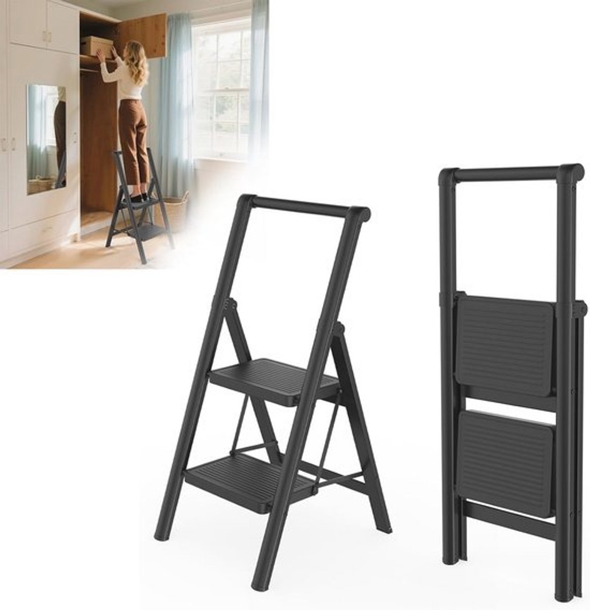 Trapladder met leuning - Huishoudelijke opstapkruk - Veilig klussen thuis - Sterke metalen constructie - 2 treden - Zilver