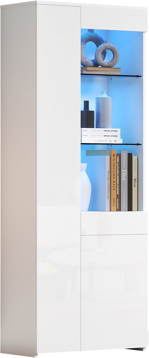 Vitrinekast Met LED-Verlichting - Hoge Kast Met Glazen Deuren, Lades En Opbergruimte - Witte Displaykast Voor Woonkamer - 70 x 35 x 180 cm
