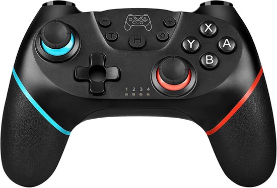 Zwarte draadloze controller voor Nintendo Switch, met blauwe en rode strepen op de handgrepen.