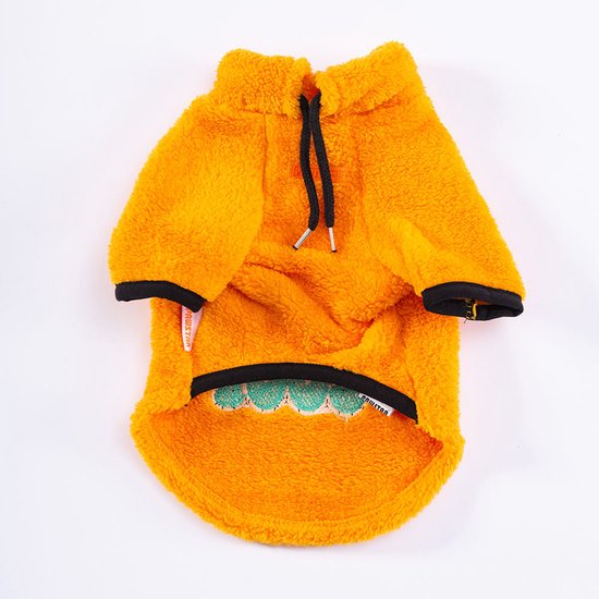 Onderkant oranje hondentrui van fleece met trekkoord en opdruk "just be cool".