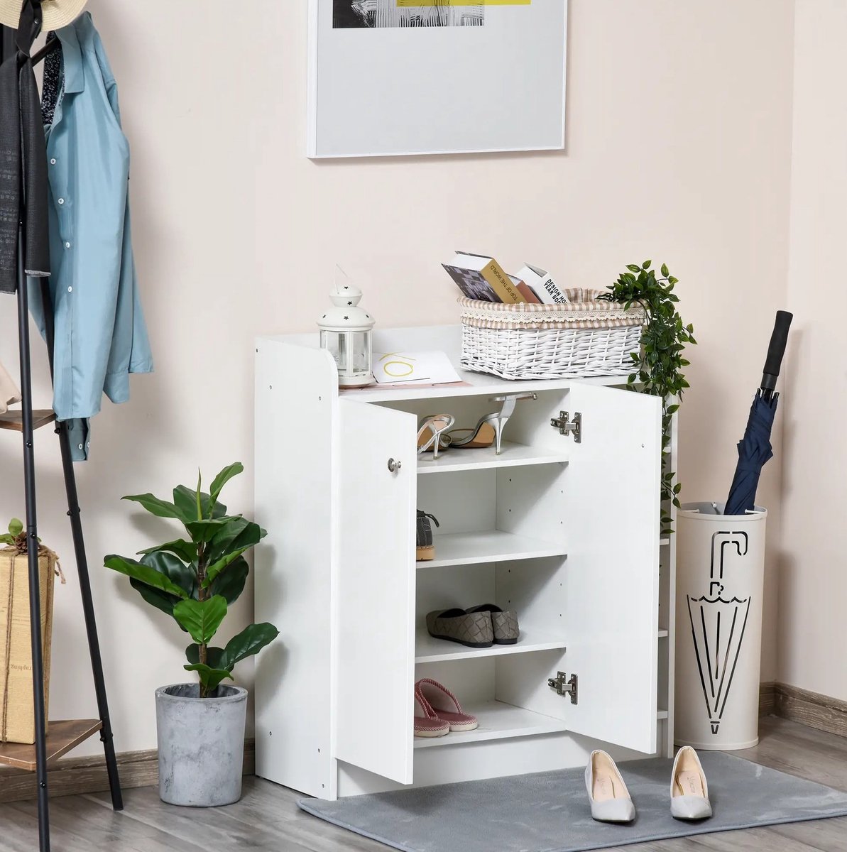 Schoenenkast - Twee Deuren En Vier Vakken Voor Twaalf Paar Schoenen - Moderne Opberging Voor Hal En Entree - Hout - 83x30x90 Cm - Wit