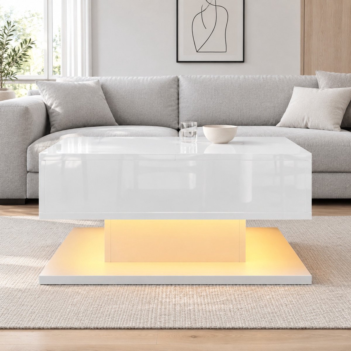 FloraGrace Salontafel - Opklapbaar En In Hoogte Verstelbaar Blad Met Lades - Voor Woonkamer - MDF En Spaanplaat - 72x72x35 Cm - Wit
