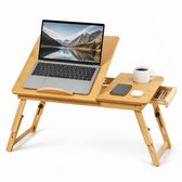 Houten laptoptafel voor bed - Kantelbaar blad met ventilatieopeningen - Verstelbare inklapbare poten - Lade en bekerhouder - 55 x 34 x 27 cm - Houtkleur - Banktafel - Laptopstandaard - Ontbijttafel - Ontbijt op bed - Hoogte verstelbaar & Inklapbaar