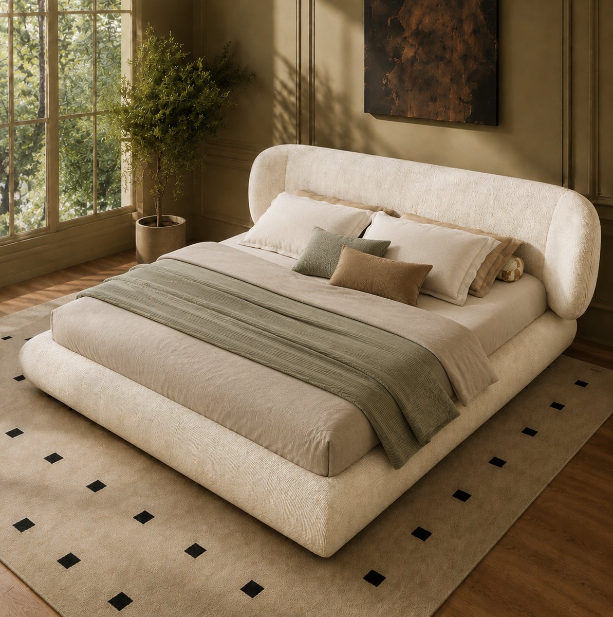 REDOM Tweepersoonsbed - Dikke schuimvulling - Lattenbodem en hoofdbord - Chenille bekleding - Hout en metaal - Beige - Geschikt voor matras 140 x 190 cm - 223 x 185 x 81 cm