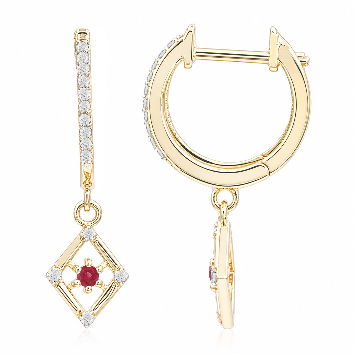 Cavill - Gouden oorbellen 375 geelgoud met ronde rode beril stenen 0,05 ct en zirkonia 0,17 ct - Luxe chique sieraden voor dames
