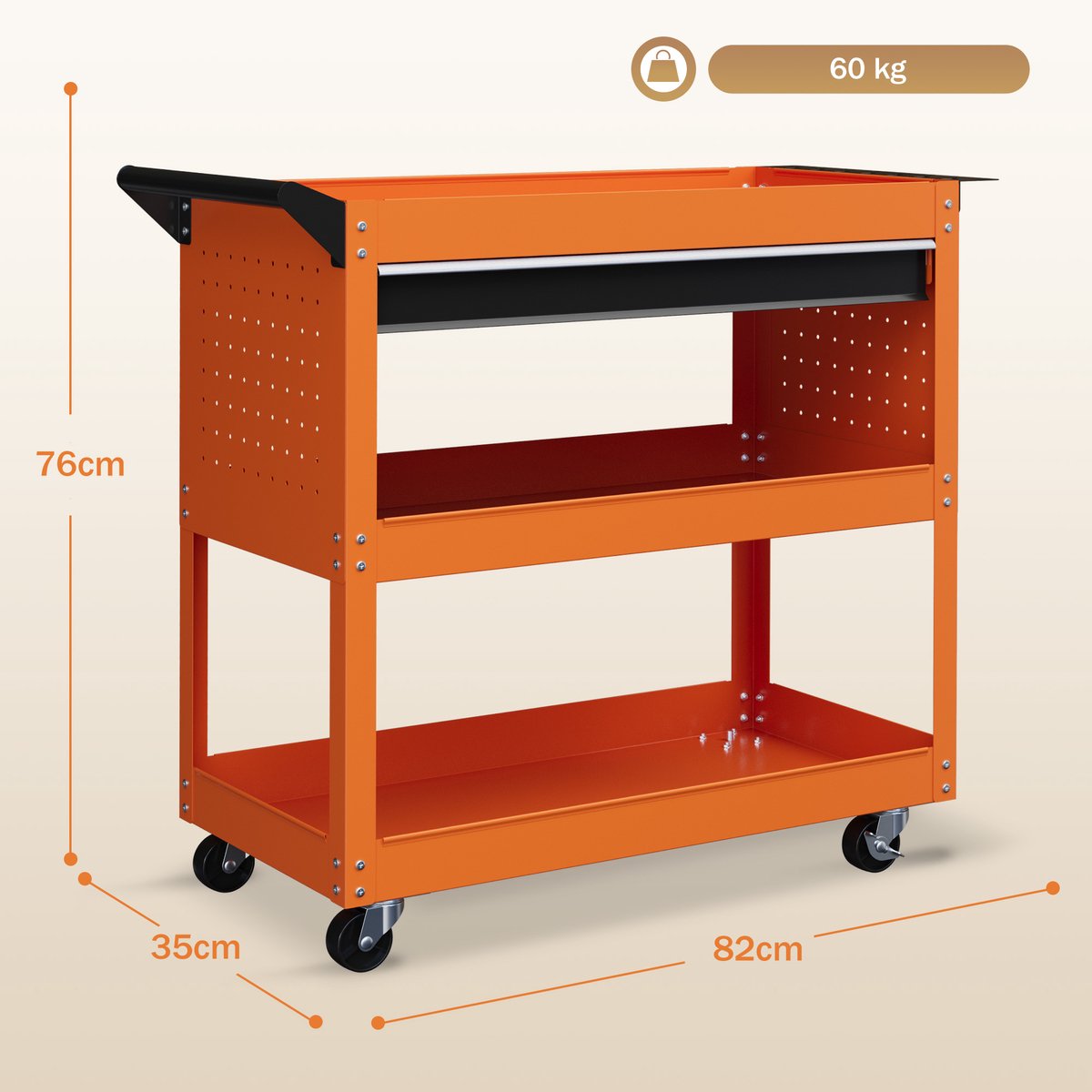 3-laags werkplaatswagen met lade, gereedschapshouder aan de zijkant en handgreep, 82x35x76 cm, oranje