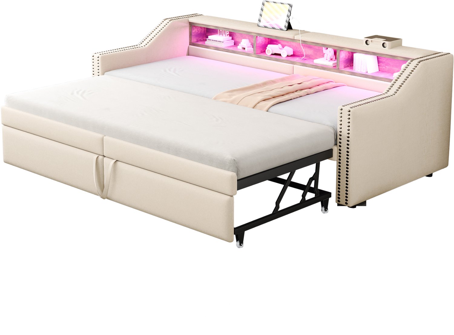 MUVANO Uitschuifbare slaapbank van 90 x 200 naar 180 x 200 cm - linnen bekleding, lattenbodem, opbergruimte, led en usb, beige voor woon- en logeerkamer