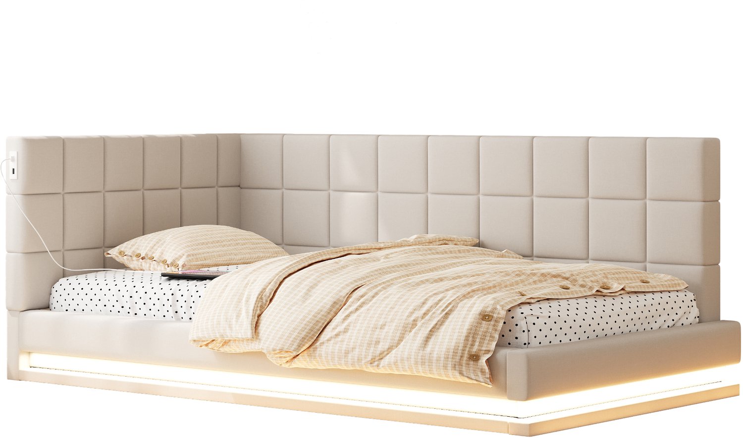 MUVANO Slaapbank 90x200 - Gestoffeerd bed - Met ledverlichting en USB-aansluiting - Linnen en lattenbodem - Voor zitten en slapen - Zonder matras - Beige