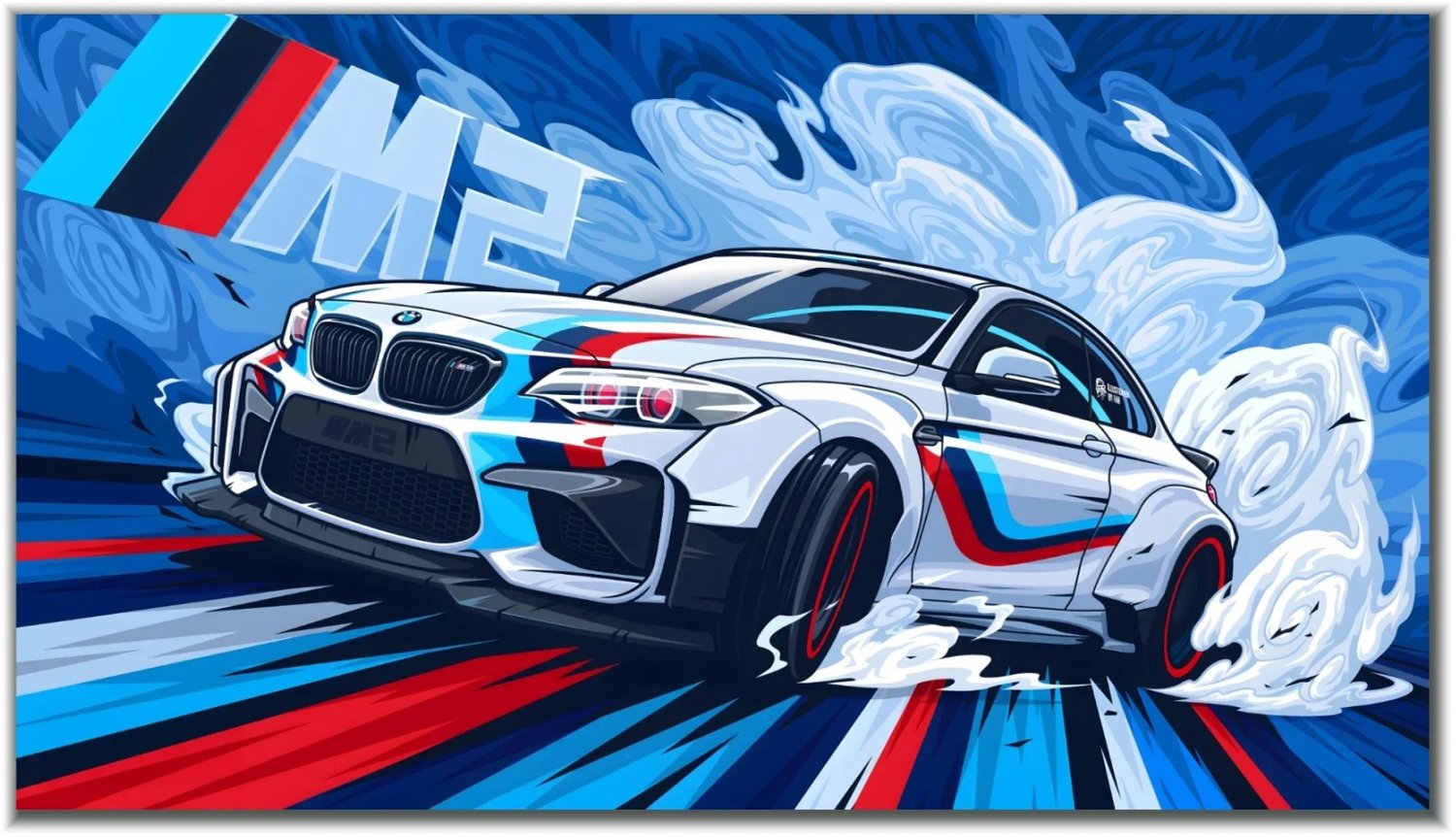Postertje.nl Poster BMW M2 raceauto – Blauw-rood-witte illustratie – 40 × 22,5 cm