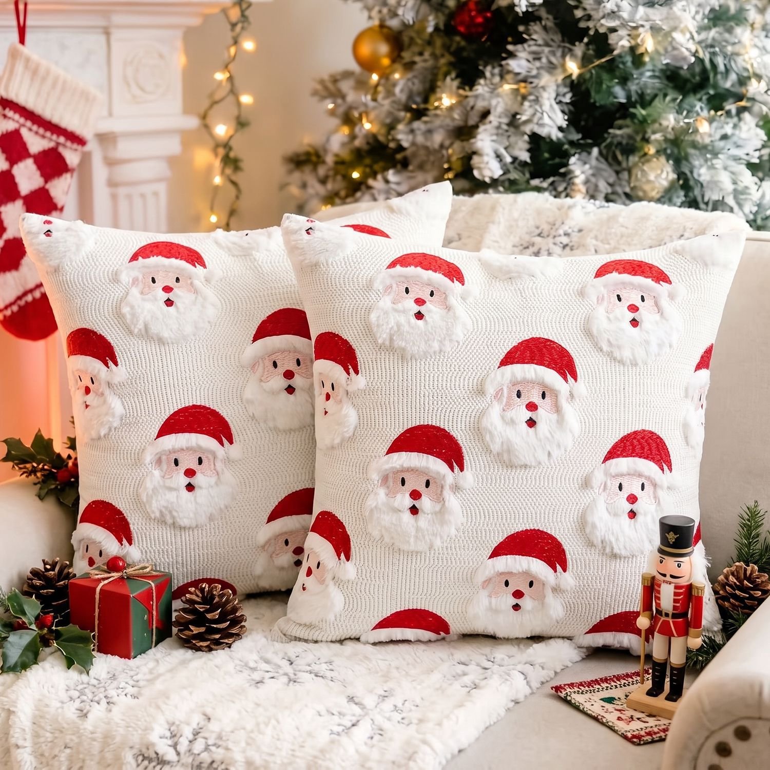 FLITI Kerst Kussenhoes- Geborduurde Kerstman Sierkussenhoes - Feestelijke Kerstdecoratie voor Bank en Woonkamer - Zonder Binnenkussen - 45x45 cm - Beige - Set van 2