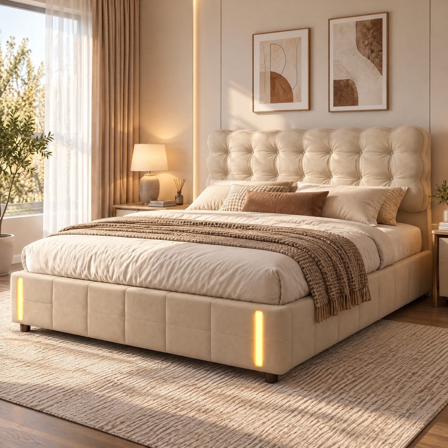 Mofor Gestoffeerd Opbergbed 140x200 cm - Tweepersoonsbed met LED en USB - Hydraulische opbergruimte - Linnen - Modern - Beige