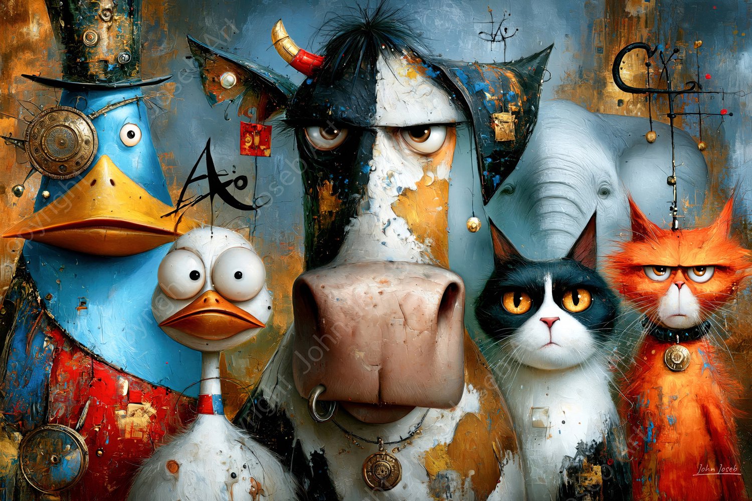 John Joseb Art (Canvas) 60x40 | Poes, eend, kuiken, vogel, olifant, koe, stier, gek, grappig, humor, abstract, kleurrijk, portret, kunst, dier, rood, geel, bruin, blauw, modern | Foto-Schilderij canvas print (wanddecoratie) Canvas, dikte 2 cm