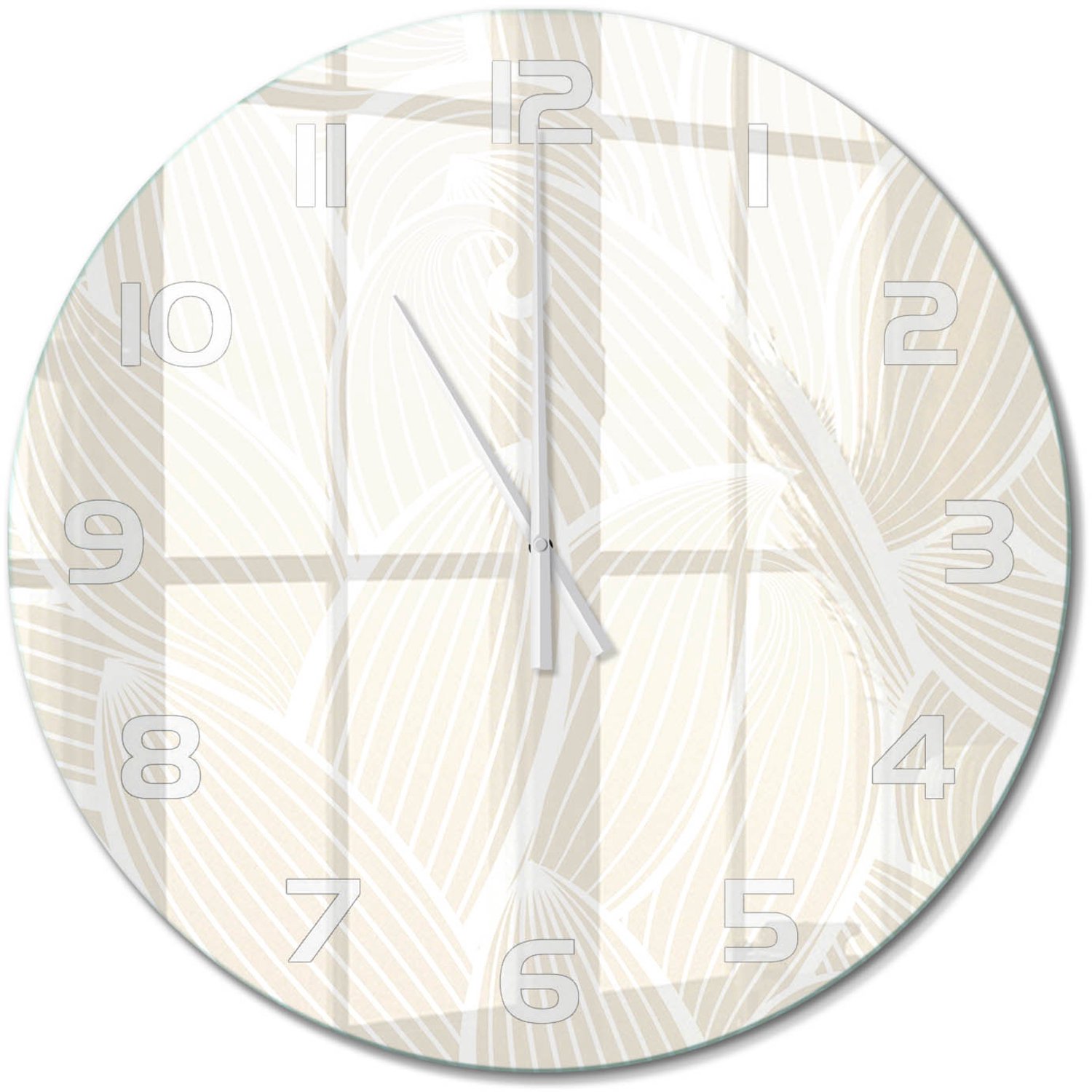 TULUP Wandklok - Bladpatroon Moderne Wandklok Glas - fi60 cm - Beige Wandklok Glas Decoratie - Witte handen - Ronde Klok - Glazen Wandklok Design - Klok Glas Met Opdruk