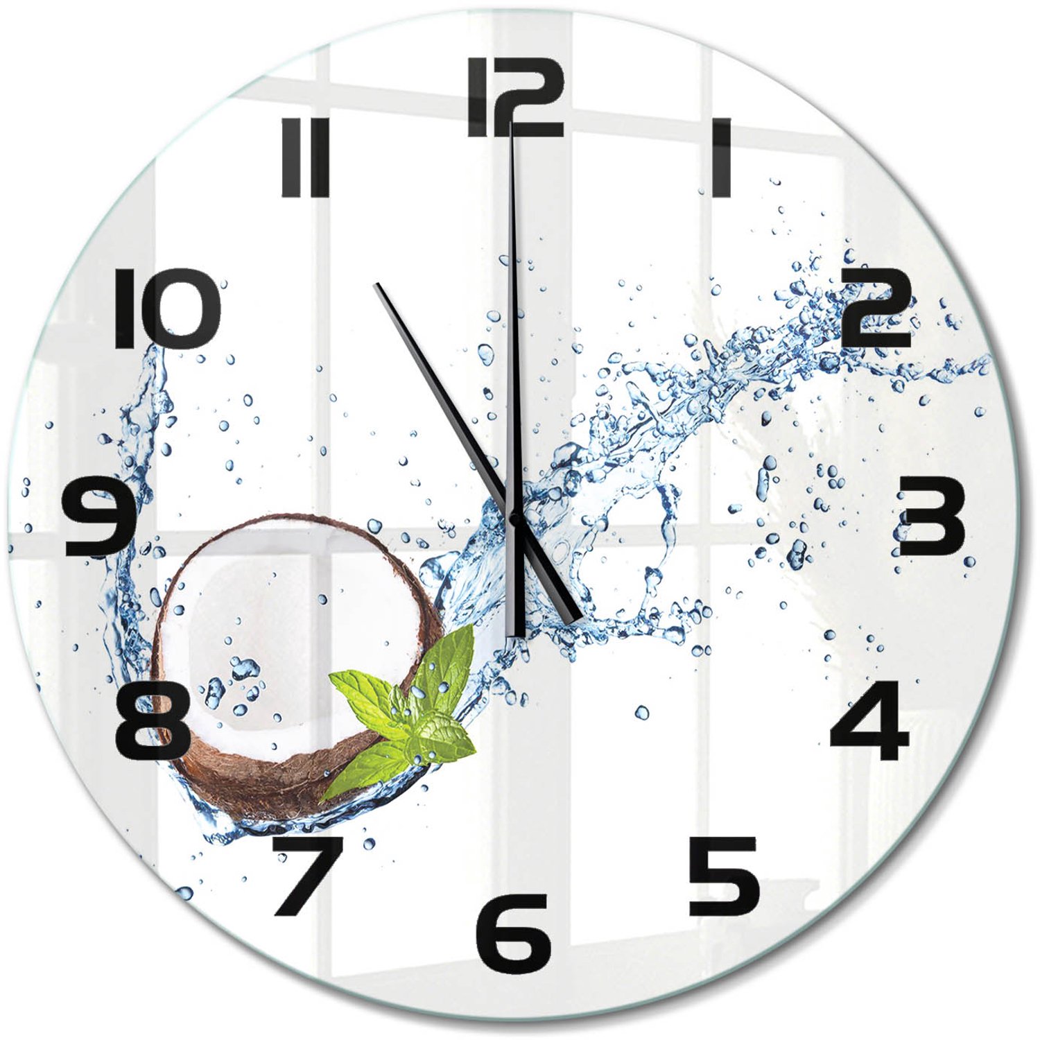 TULUP Wandklok - Kokosnoot en water Glazen Klok Met Print - fi60 cm - Bruin Wandklok Glas Met Motief - Zwarte handen - Ronde Klok - Wandklok Glas Decoratie - Gekleurde Glazen Klok