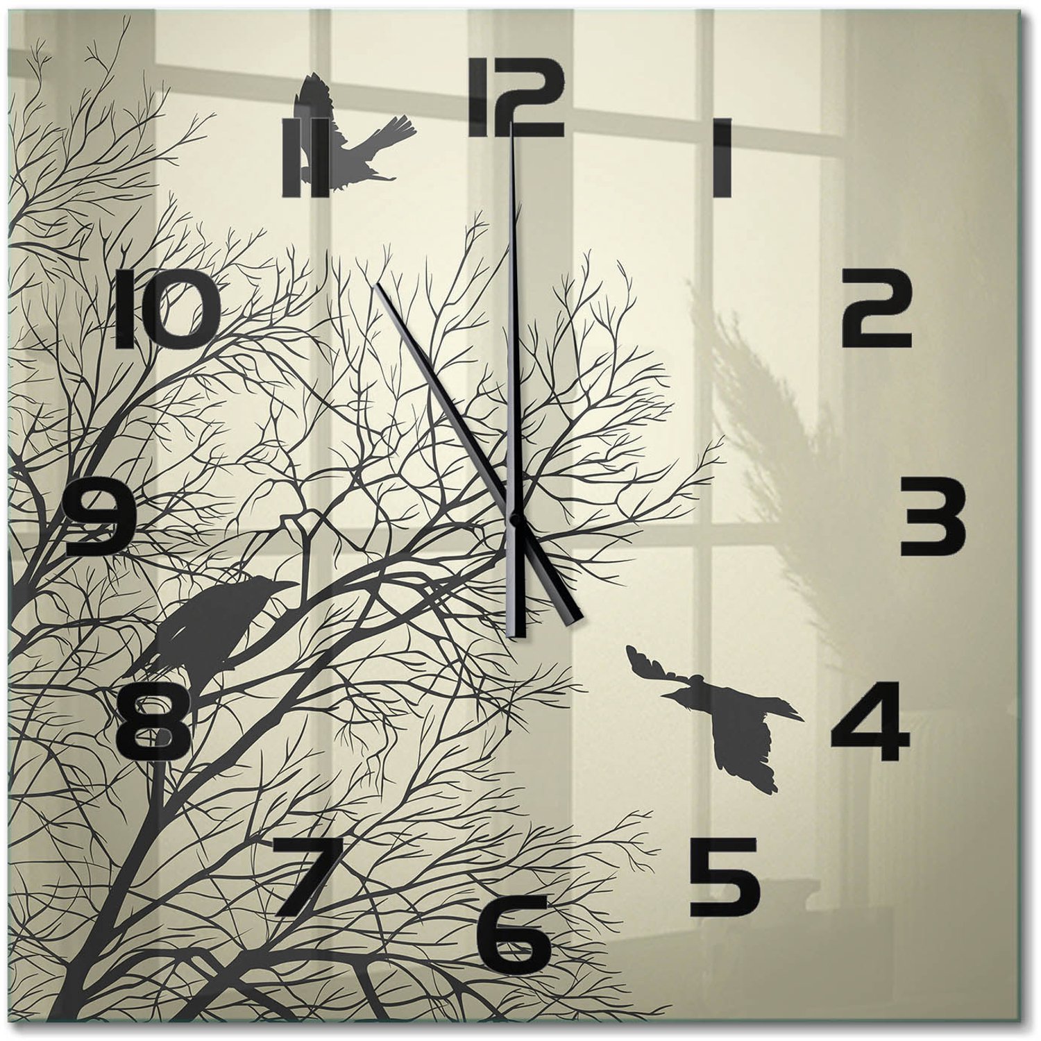 TULUP Wandklok - Raven in de boom Wandklok Glas Decoratie - 60x60 cm - Beige Gekleurde Glazen Klok - Zwarte handen - Vierkante Klok - Klok Glas Met Opdruk - Moderne Wandklok Glas