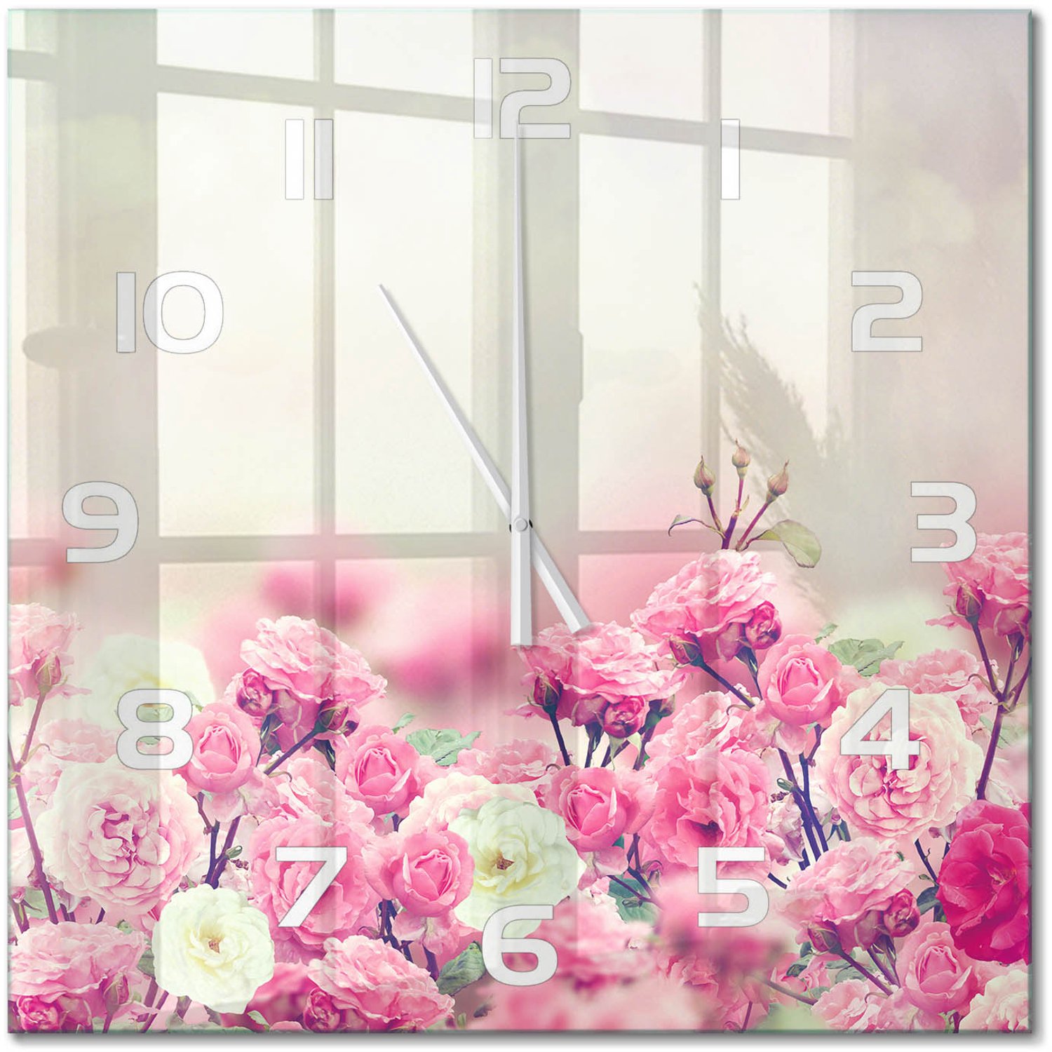 TULUP Wandklok - Wilde rozenbloemen Moderne Wandklok Glas - 60x60 cm - Roze Wandklok Glas Decoratie - Witte handen - Vierkante Klok - Glazen Wandklok Design - Klok Glas Met Opdruk