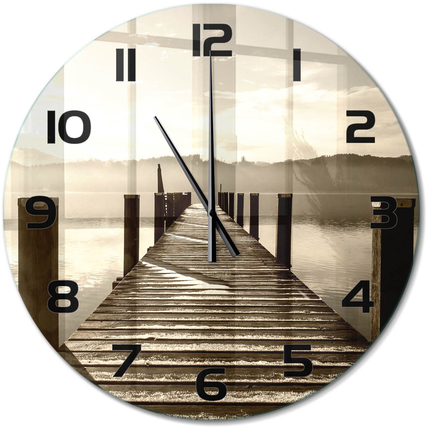 TULUP Wandklok - Houten brug Decoratieve Glazen Klok - fi60 cm - Bruin Glazen Wandklok Design - Zwarte handen - Ronde Klok - Glazen Klok Met Print - Wandklok Glas Met Motief