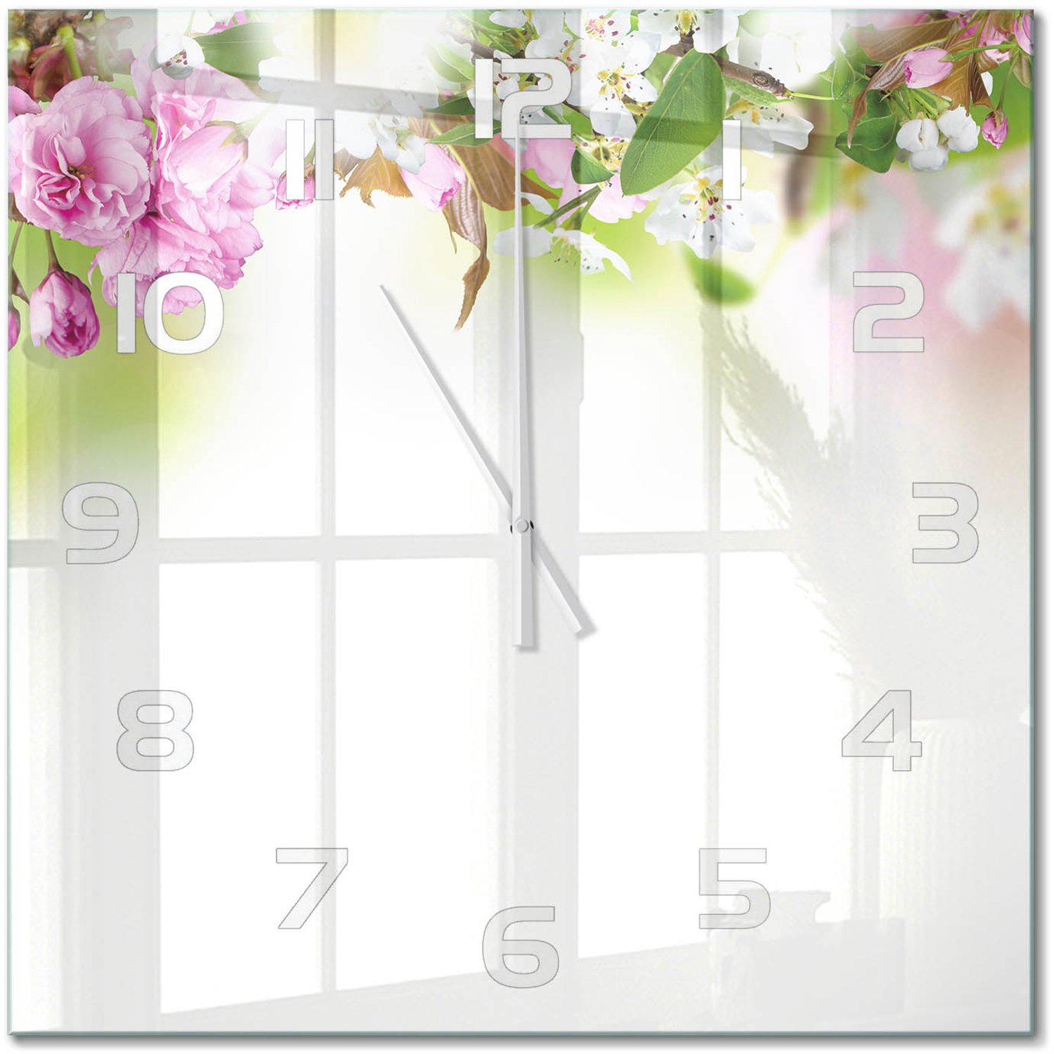 TULUP Wandklok - Lentebloemen Decoratieve Glazen Klok - 60x60 cm - Veelkleurig Glazen Wandklok Design - Witte handen - Vierkante Klok - Glazen Klok Met Print - Wandklok Glas Met Motief