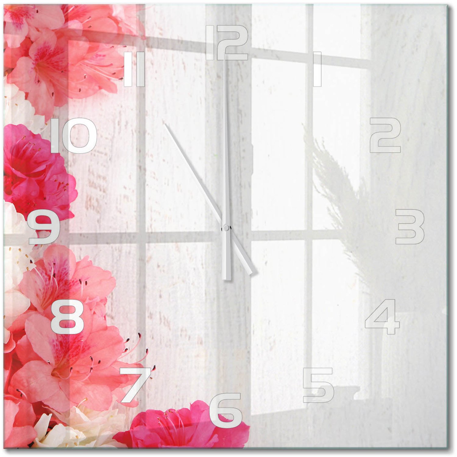 TULUP Wandklok - Bloemen Wandklok Glas Met Motief - 60x60 cm - Roze Decoratieve Glazen Klok - Witte handen - Vierkante Klok - Gekleurde Glazen Klok - Glazen Klok Met Print