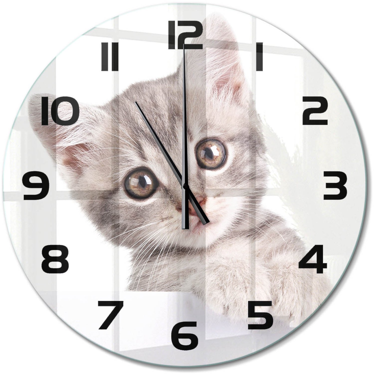 TULUP Wandklok - Grijze kat Klok Glas Met Opdruk - fi60 cm - Grijs Moderne Wandklok Glas - Zwarte handen - Ronde Klok - Decoratieve Glazen Klok - Glazen Wandklok Design