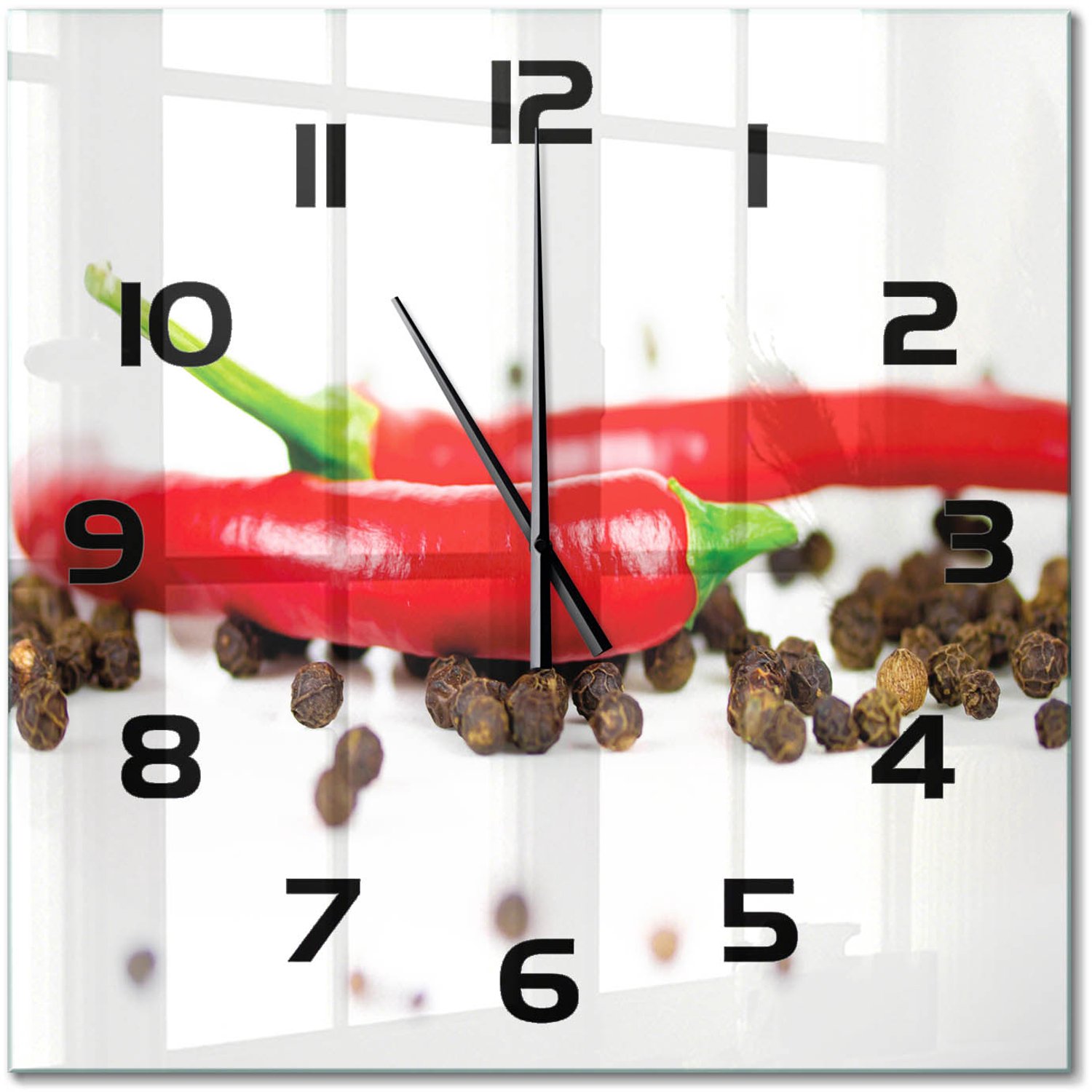 TULUP Wandklok - Chili en peper Moderne Wandklok Glas - 60x60 cm - Rood Wandklok Glas Decoratie - Zwarte handen - Vierkante Klok - Glazen Wandklok Design - Klok Glas Met Opdruk