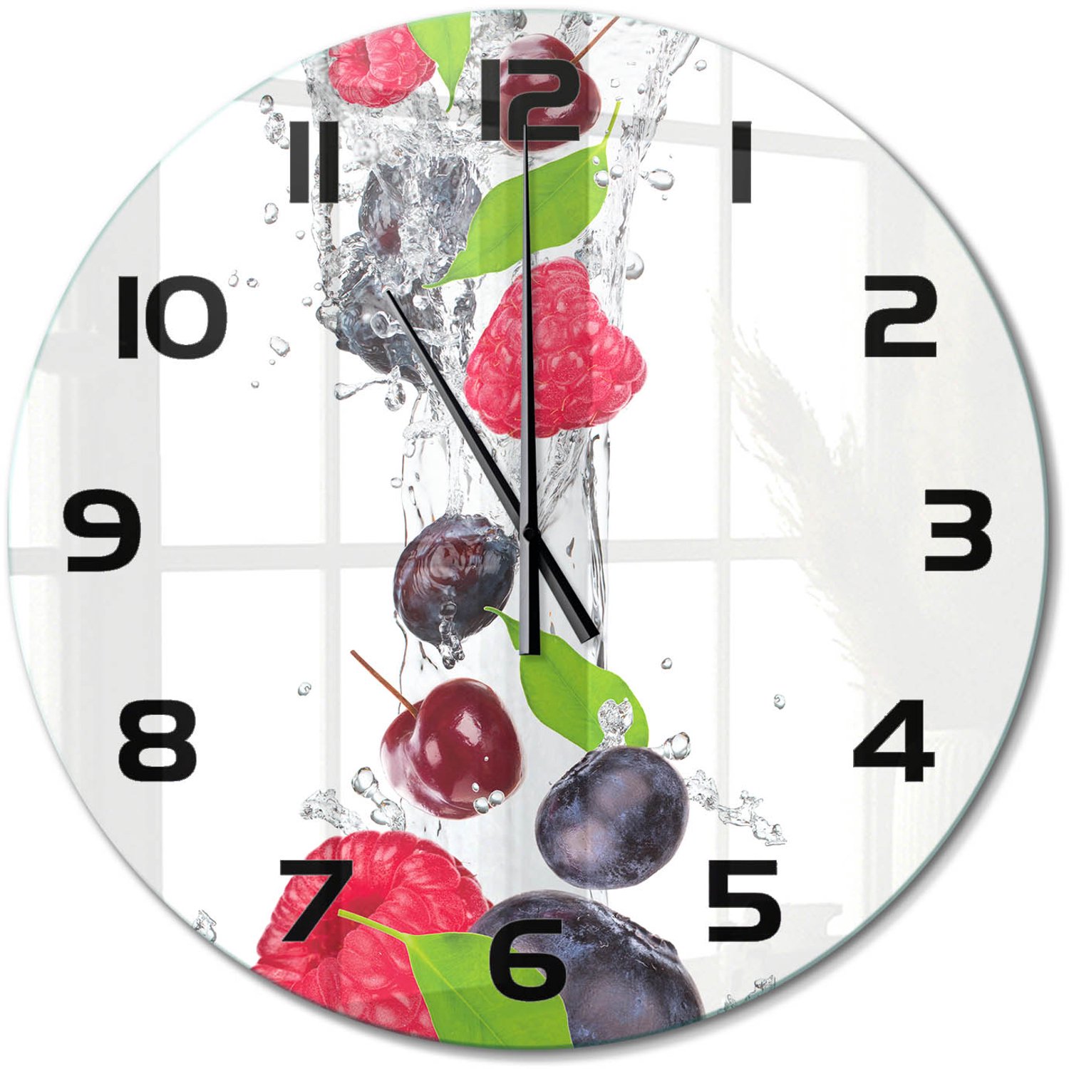 TULUP Wandklok - Fruit en water Gekleurde Glazen Klok - fi60 cm - Veelkleurig Glazen Klok Met Print - Zwarte handen - Ronde Klok - Moderne Wandklok Glas - Wandklok Glas Decoratie