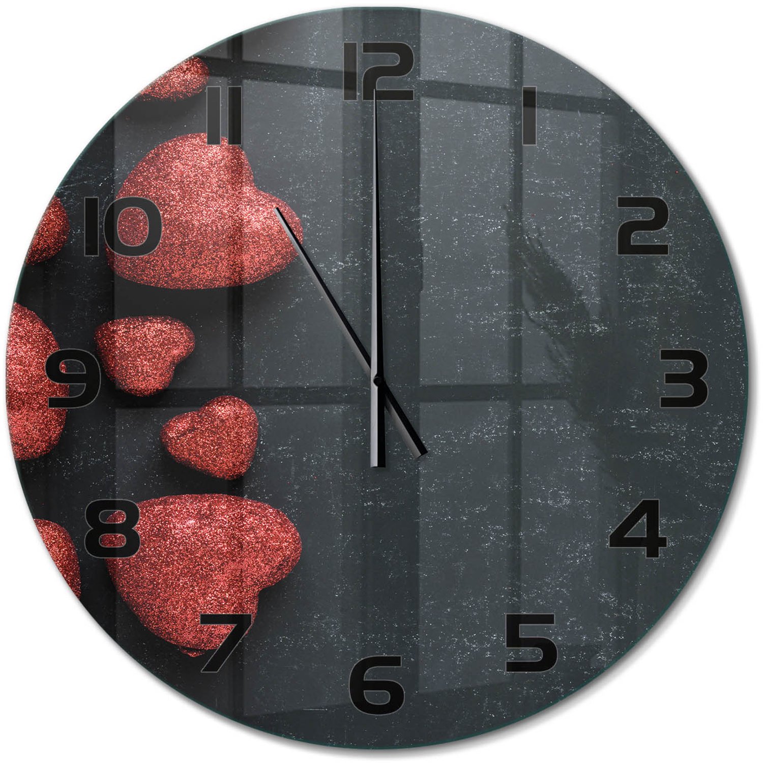 TULUP Wandklok - Harten op het bord Moderne Wandklok Glas - fi60 cm - Rood Wandklok Glas Decoratie - Zwarte handen - Ronde Klok - Glazen Wandklok Design - Klok Glas Met Opdruk