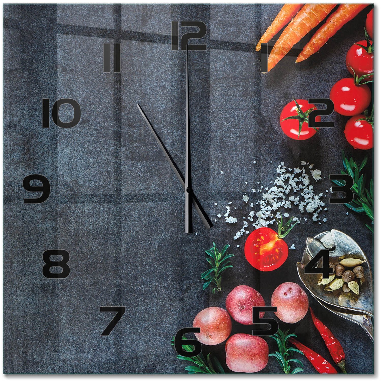 TULUP Wandklok - Ingrediënten Moderne Wandklok Glas - 60x60 cm - Veelkleurig Wandklok Glas Decoratie - Zwarte handen - Vierkante Klok - Glazen Wandklok Design - Klok Glas Met Opdruk