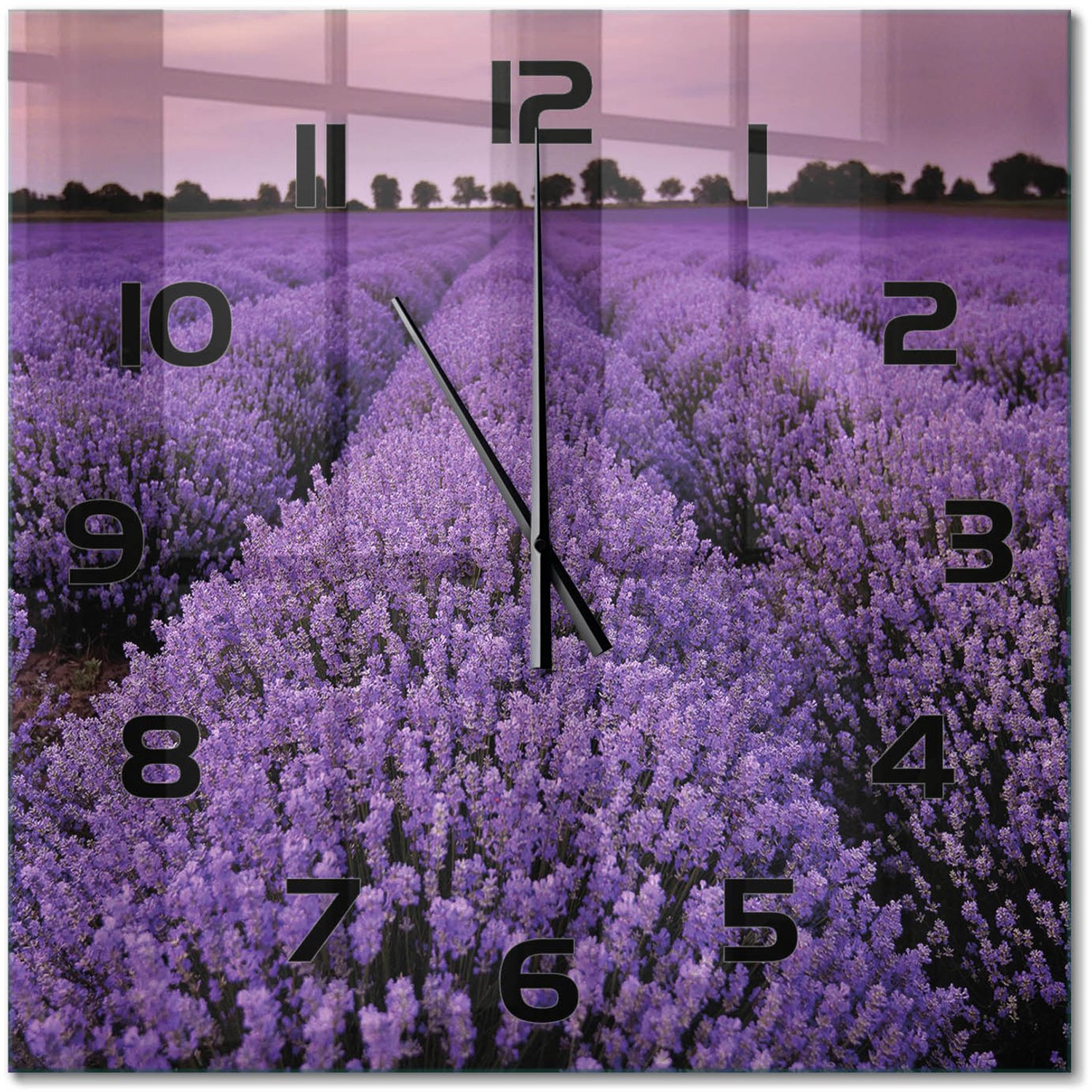 TULUP Wandklok - Lavendelveld Wandklok Glas Met Motief - 60x60 cm - Paars Decoratieve Glazen Klok - Zwarte handen - Vierkante Klok - Gekleurde Glazen Klok - Glazen Klok Met Print