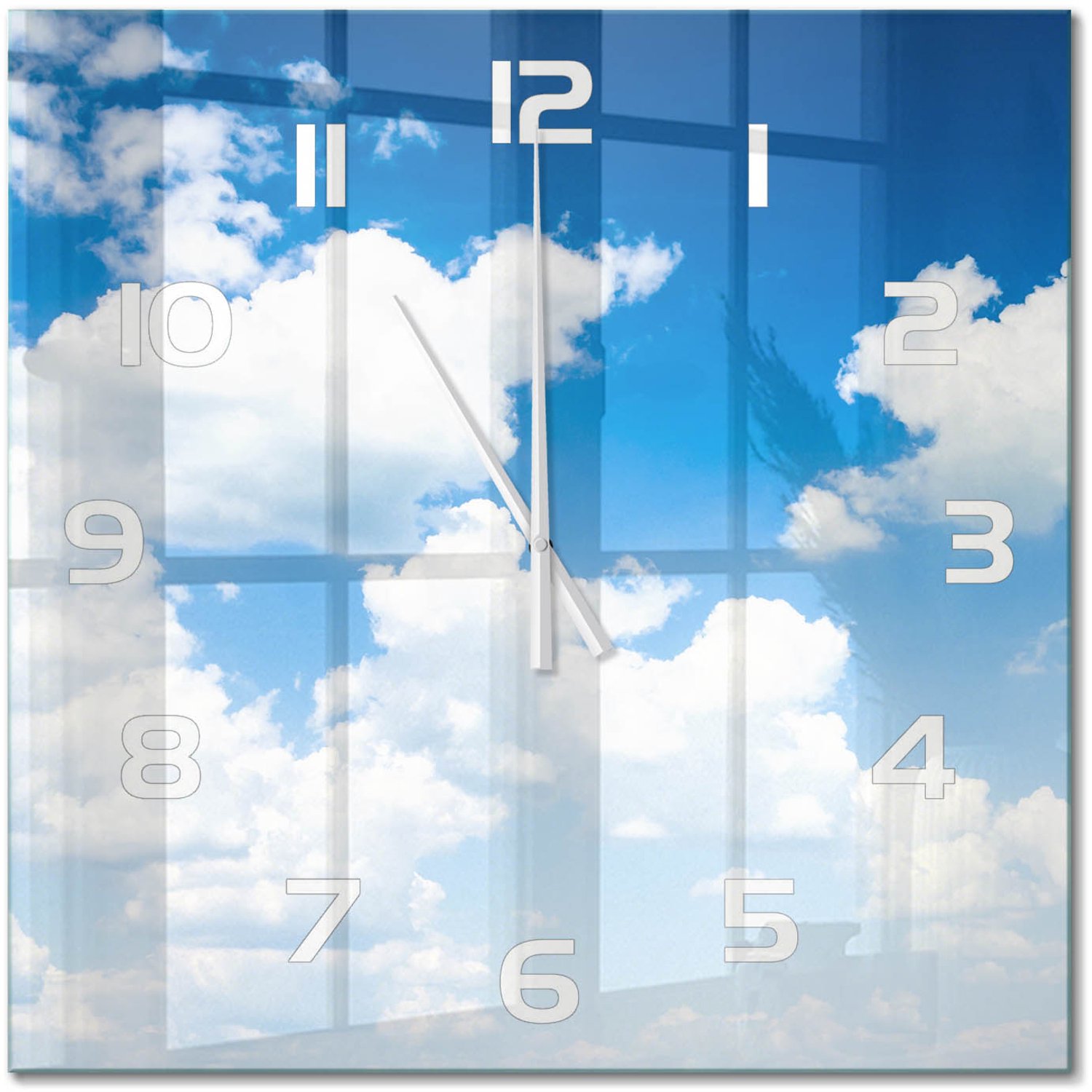 TULUP Wandklok - Wolken aan de hemel Klok Glas Met Opdruk - 60x60 cm - Blauw Moderne Wandklok Glas - Witte handen - Vierkante Klok - Decoratieve Glazen Klok - Glazen Wandklok Design