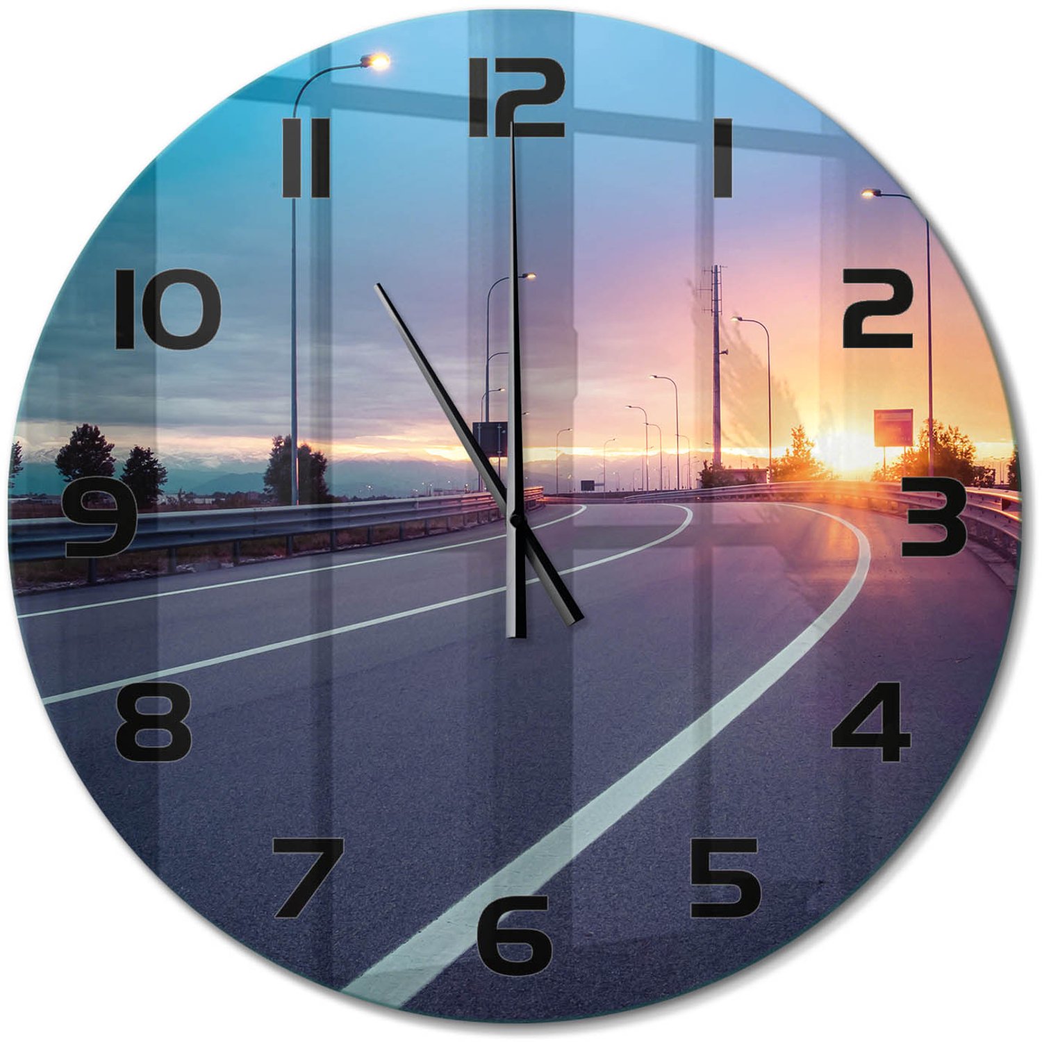 TULUP Wandklok - Snelweg Glazen Wandklok Design - fi60 cm - Veelkleurig Klok Glas Met Opdruk - Zwarte handen - Ronde Klok - Wandklok Glas Met Motief - Decoratieve Glazen Klok
