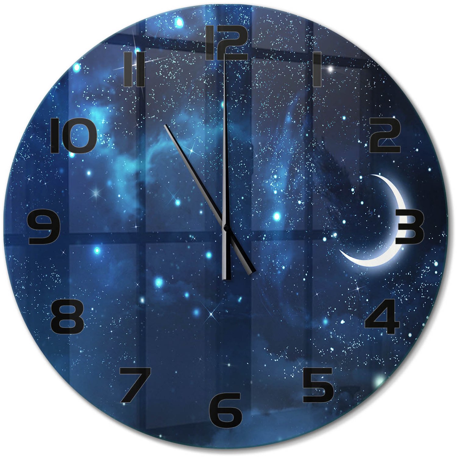 TULUP Wandklok - Sterrenhemel Decoratieve Glazen Klok - fi60 cm - Blauw Glazen Wandklok Design - Zwarte handen - Ronde Klok - Glazen Klok Met Print - Wandklok Glas Met Motief