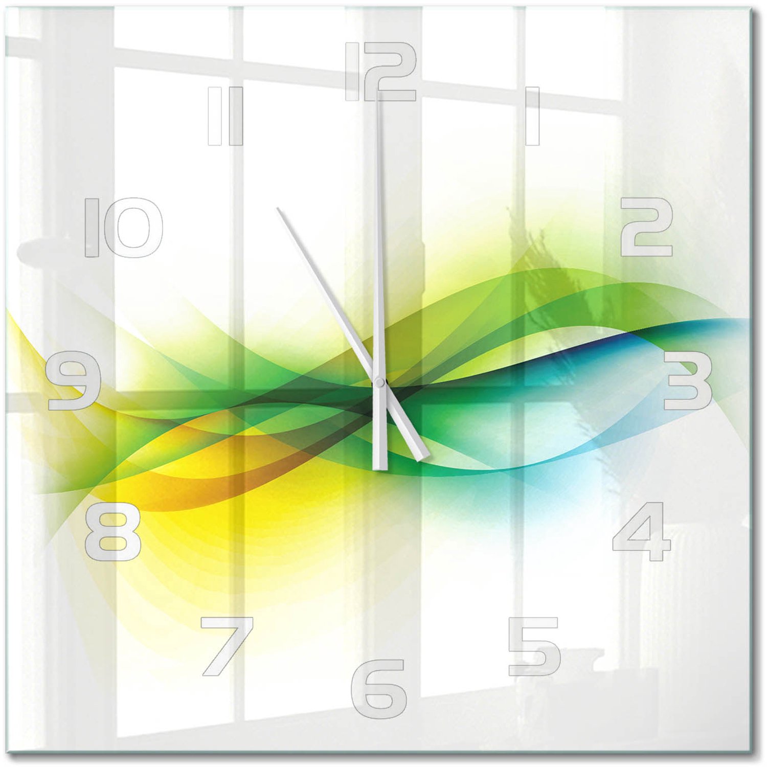 TULUP Wandklok - Golfabstractie Glazen Klok Met Print - 60x60 cm - Veelkleurig Wandklok Glas Met Motief - Witte handen - Vierkante Klok - Wandklok Glas Decoratie - Gekleurde Glazen Klok