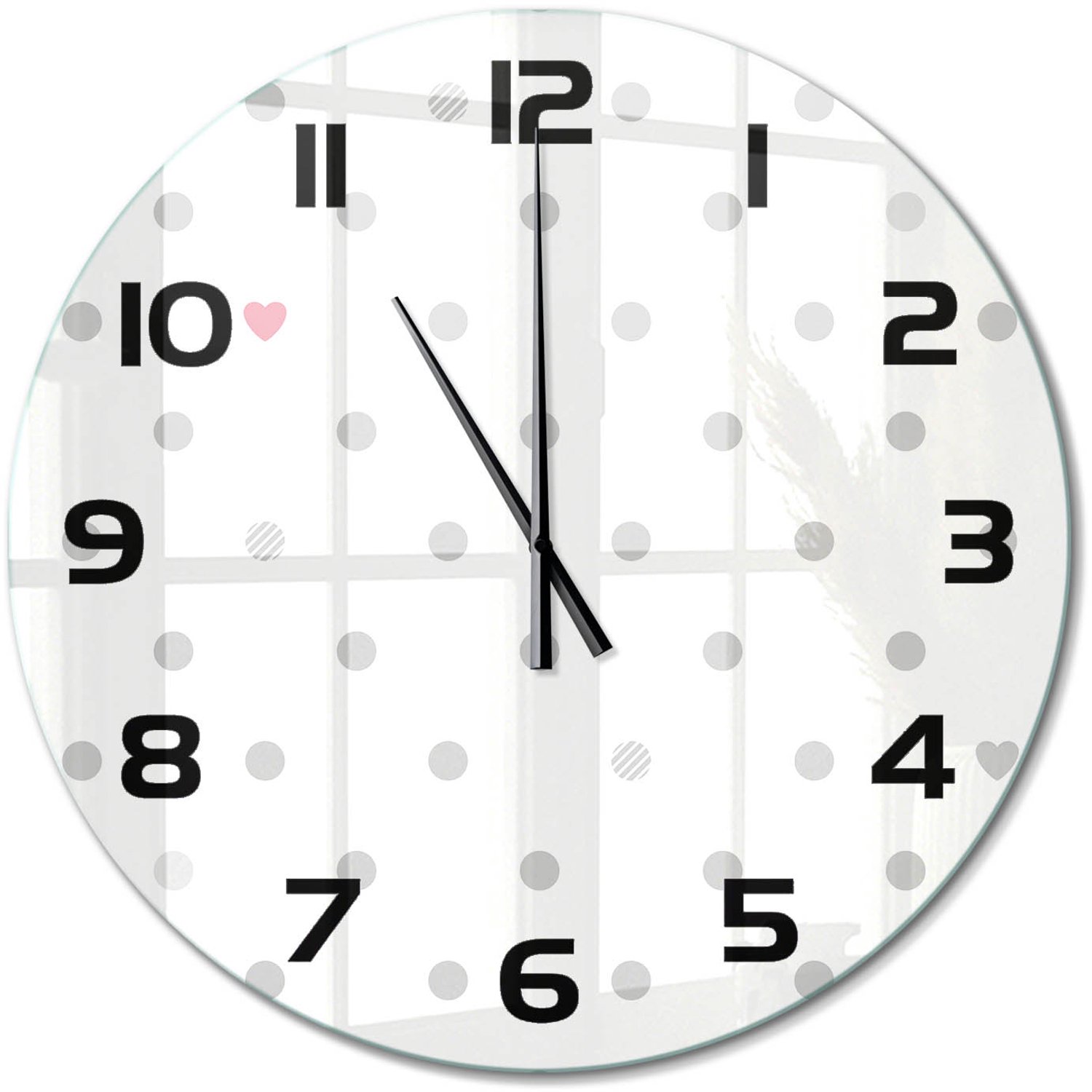 TULUP Wandklok - Stippen en harten Wandklok Glas Decoratie - fi60 cm - Grijs Gekleurde Glazen Klok - Zwarte handen - Ronde Klok - Klok Glas Met Opdruk - Moderne Wandklok Glas