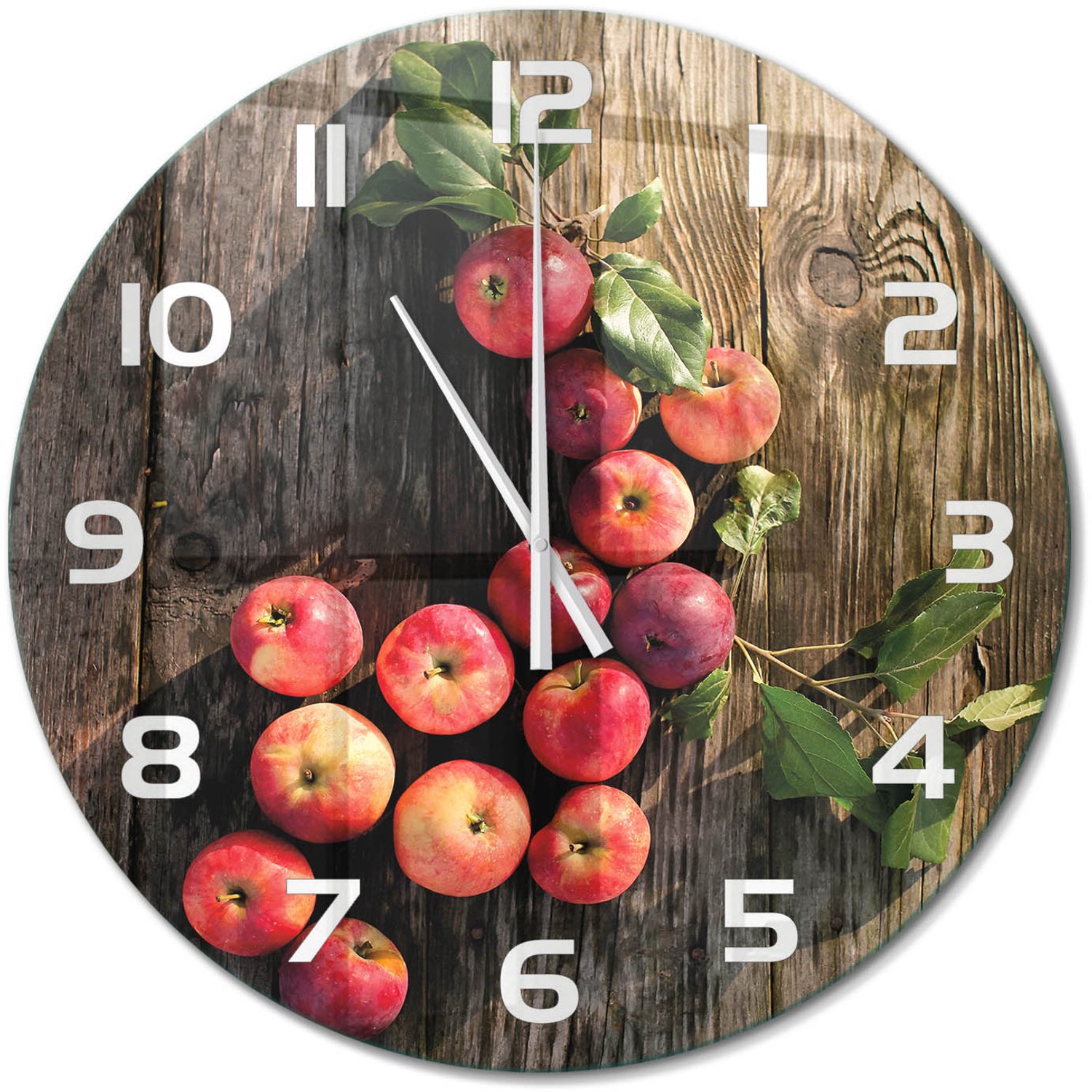 TULUP Wandklok - Appels op tafel Wandklok Glas Met Motief - fi60 cm - Rood Decoratieve Glazen Klok - Witte handen - Ronde Klok - Gekleurde Glazen Klok - Glazen Klok Met Print