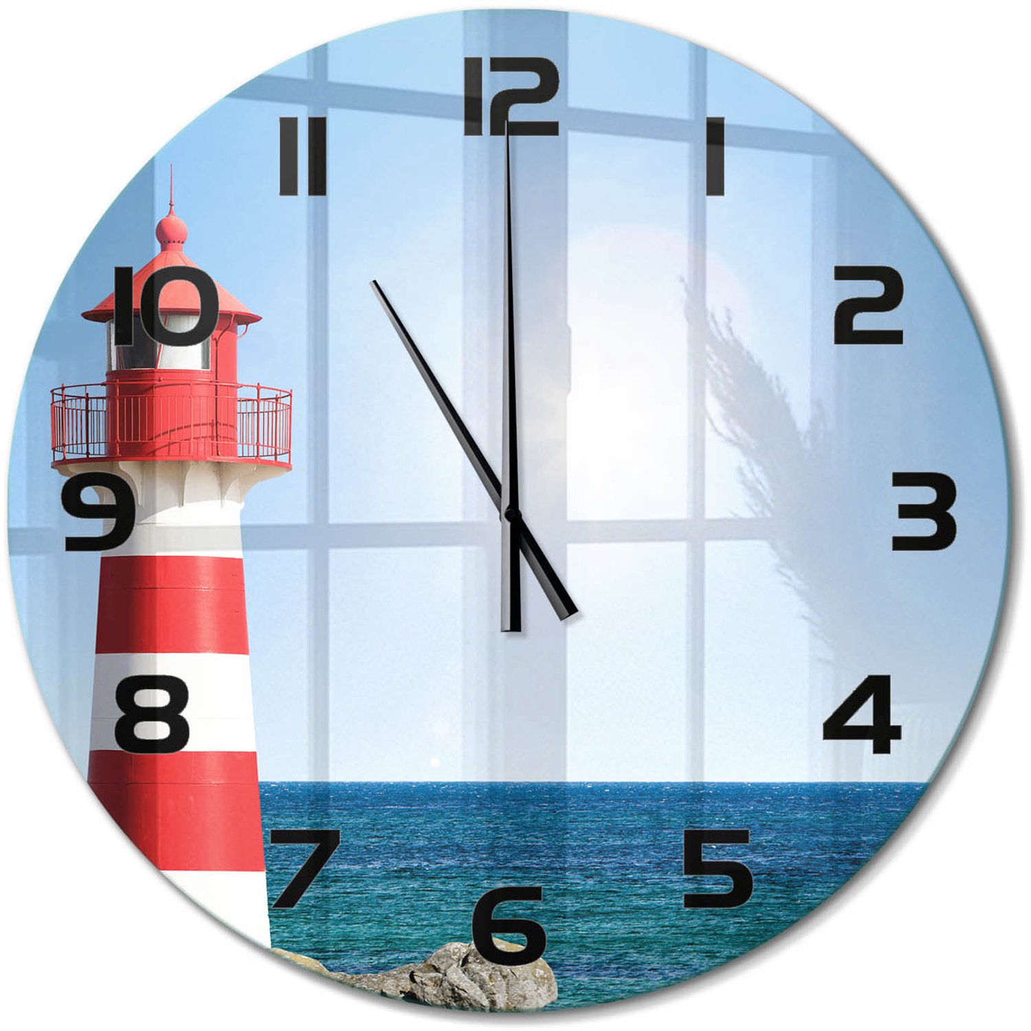 TULUP Wandklok - Vuurtoren Glazen Klok Met Print - fi60 cm - Rood Wandklok Glas Met Motief - Zwarte handen - Ronde Klok - Wandklok Glas Decoratie - Gekleurde Glazen Klok